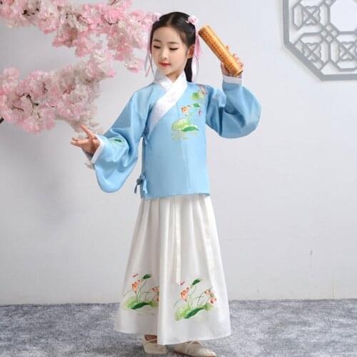 Wholesale Girls 2PCS Han Fu Princess Birthday Party Dance Perform Dres Embroidery Cheongsam Dress Childrens Campus Party Dress