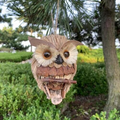 Owl Garden Pendant Home Decor Statues Sculptures Wood Pastoral Style Handmade Straw Wall Hanging Vintage Animal Plant Decoration