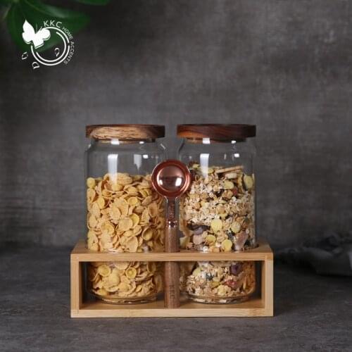 Transparent Borosilicate Glass Storage Jar With Airtight Wooden Lid, Suitable For Kitchen Without BPA (1150mlx 2 + Shelf + Spoon