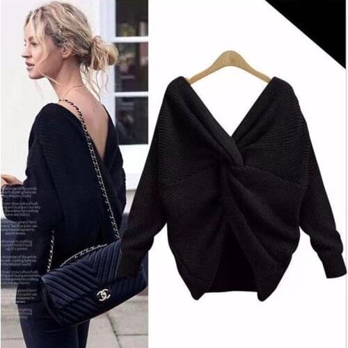 Womens V-Neck Criss Cross Twisted Back Pullover Knitted Crop Sweater Jumper Tops