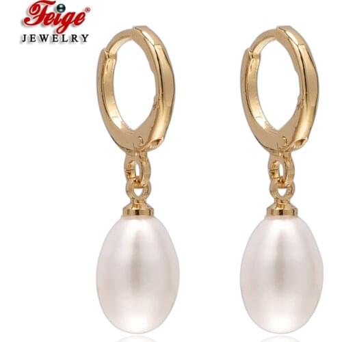 14K Gold Plated White Natural Ellipse Freshwater Pearl Drop Earrings for Women Party Gifts Fashion Accessories Jewelry