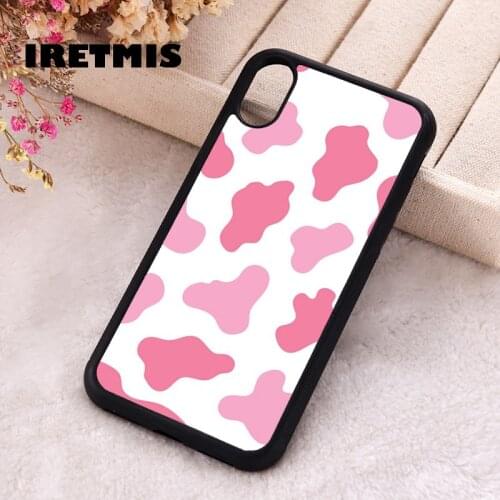 Iretmis 5 5S SE 2020 phone cover cases for iphone 6 6S 7 8 Plus X Xs XR 11 12 MINI Pro Max Silicone Strawberry Milk Cow Print