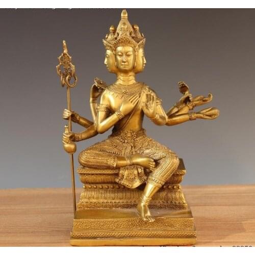 Brass Copper Four Face Eight Arm Green Tara Guan Yin Bodhisattva Buddha Statue