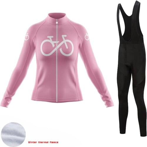 SPTGRVO Warm Cycling Jersey Set Women Pink Bicycle Jacket Thermal Fleece Bike Long Pants Cycle kit Traje Ciclismo Mujer Invierno