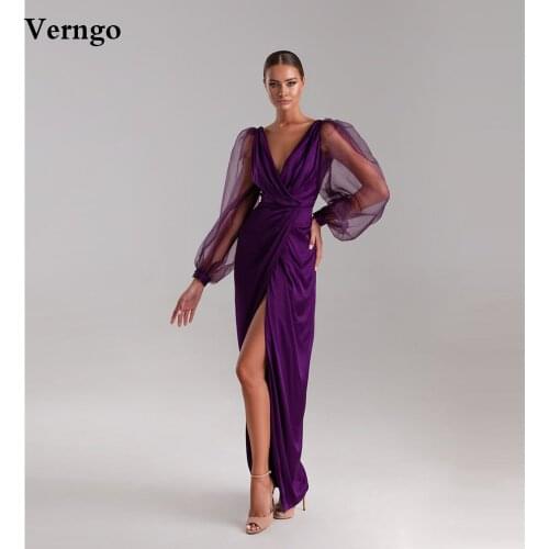 Verngo Elegant Purple Silk Tulle Evening Dresses Puffy Long Sleeves V Neck Draped Front Slit Ankle Length Maxi Prom Gowns