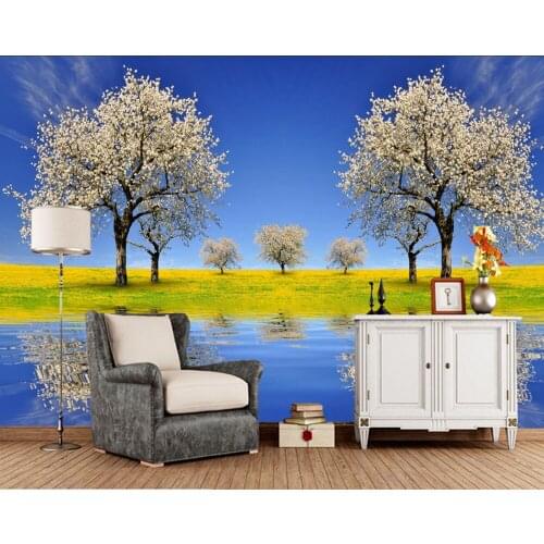 Spring Flowering trees Rivers Reflection Nature photo wallpaper, living room TV sofa wall restaurant kids room papel de parede