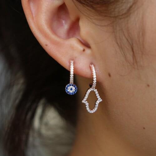 Top quality asymmetry Micro Pave CZ Blue evil eye charm Lucky Turkey Hamsa Hand fashion Earring For Woman hot fashion Jewelry