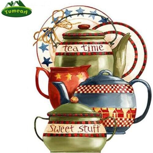 YUMEART Diamond Mosaic Teapot Full Drill Decor Mosaic Painting Sweet Stuff 5D DIY Embroidery Diamond Painting Kitchen Room Decor