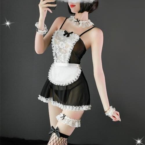 Women Clothes Sexy Lingerie Dress Lace See-through Off-the-shoulder Suspender Suit Black Maid Exotic Costumes Cosplay