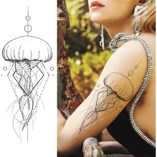 Women Geometric Jellyfish Tattoos Stickers Paper Sexy Girls Black Feather Fake Temporary Tattoo Custom Waterproof Body Arm Art