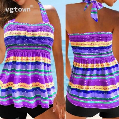 Plus Size 5XL Women Backless Tankini Set Summer Beach Strip Printed Two Piece Swimwear Female Swimming Suit Bathing Suit