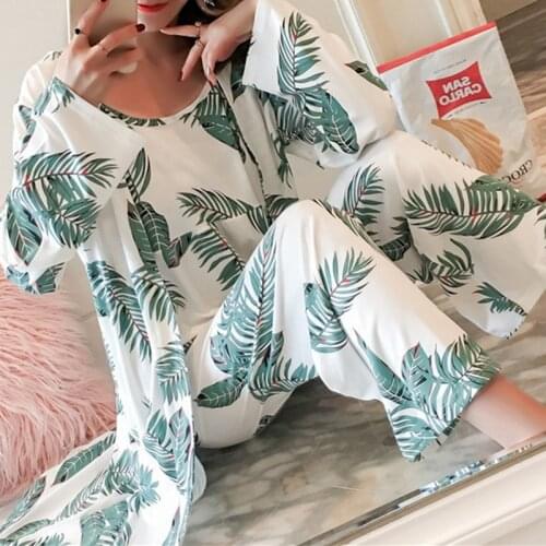 Womens 3 Pieces Pajamas Sets 2021 Spring And Summer Wear Sexy Women Pajama Sets Nightdress+Robe+Pant Female Pajamas