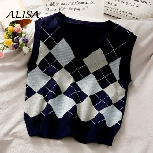 Spring Summer Vintage Plaid Vests Sweater Women Loose Short Tops Streetwear Fashion Woman Knitted Tops