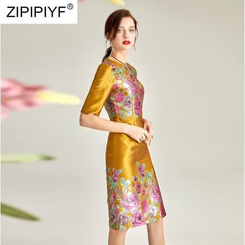 Female Fashion Dress 2020 Spring Summer O-Neck Half Sleeve Office Ladies Dress Rose Print Knee-Length Elegant Slim Dress Y54