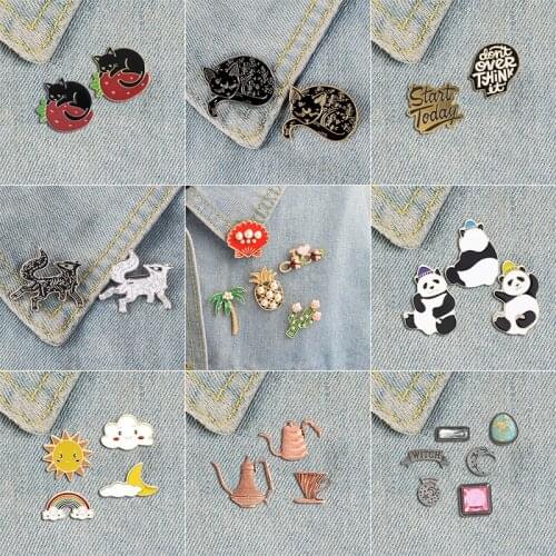 2-6 Pcs Set Badge Fashion Cartoon Star Cat Enamel Brooch Funny Panda Coconut Brain Cloud Pin Clothes Jewelry Accessories Gift