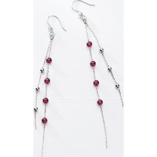 1Pair REAL. 925 Sterling Silver Jewelry Red Garnet stone &Lucky round ball beads Dangle Earrings Tassel Charm GTLE2821