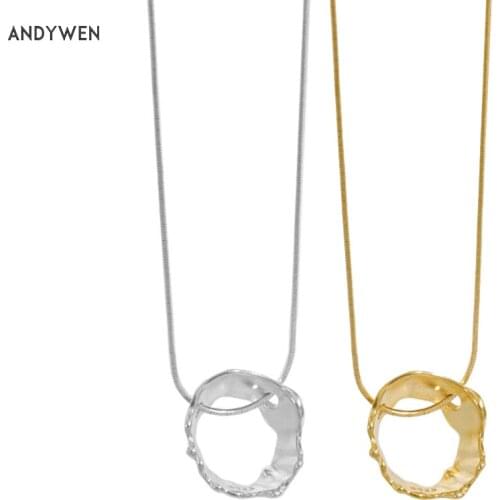 ANDYWEN 925 Sterling Silver Gold 17mm Circle Pendant Long Chain Necklace Snake Chain Women Fine Jewelry 2021 Rock Punk Wedding
