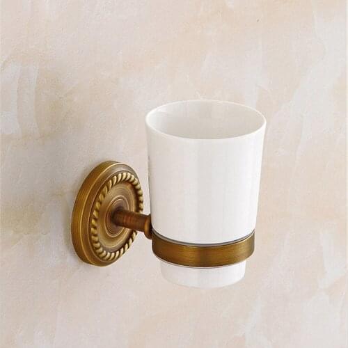 Vintage Antique Copper Cup Holder Wall Mounted Toothbrush Tumbler Rack Ceramic Cup Holders for Home Bathroom Hotel