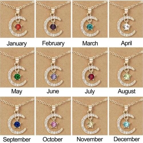 Birth Month Moon Stars Pendant Necklace For Women Shiny Rhinestone Birthstone Clavicle Chain Wish Card Birthday Jewelry Gifts