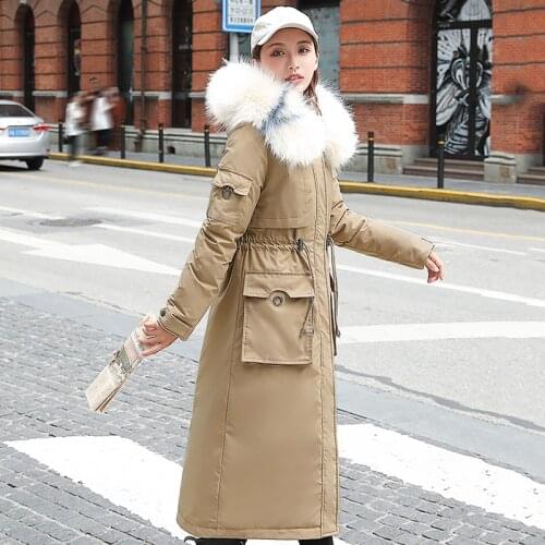 X-long Womens Jackets Wooli Liner Solid Parkas Female Winter Slim Hooded Plus Size Thick Fur Collar Cotton Casual Coats Woman