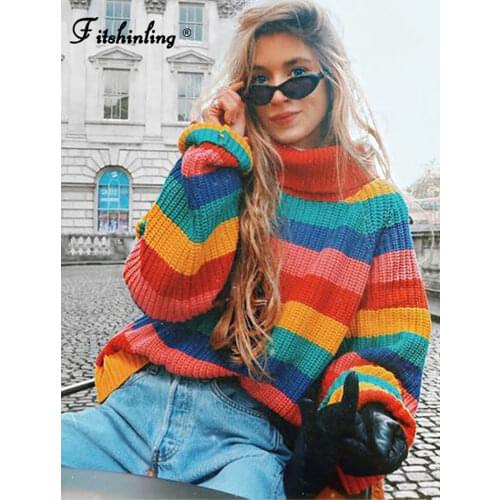 Fitshinling 2020 Winter turtlenecks sweaters for women rainbow stripes fashion pullover female knitted jumper ladys sweater hot