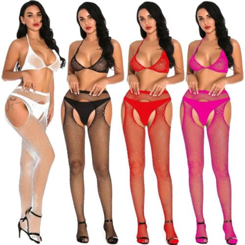 Hot Sale Sexy Women Stocking See-Through Fishnet Sheer Sequin Hollow Out Drilling Netpants Mesh Underwear Nightwear Sleepwear