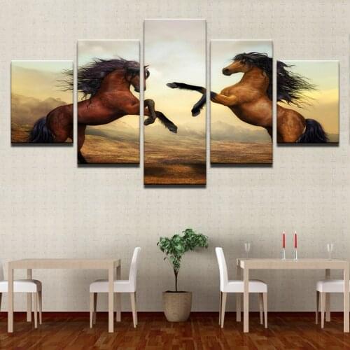 Framed Canvas Paintings Home Decor Wall Art Framework 5 Pieces Sunset Brown Horses Pictures For Living Room HD Prints