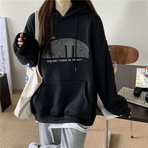 Harajuku Fashion Winter Hoodies Letter Embroidery Warm Fleece Oversized Sweatshirt Women Hip Hop Streetwear Clothes for Teens
