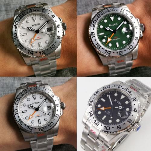 BLIGER 40mm Business Orange GMT Selfwinding Men Watch White/Green/Black Dial Alloy Silver Insert Oyster Band Glide Lock Clasp