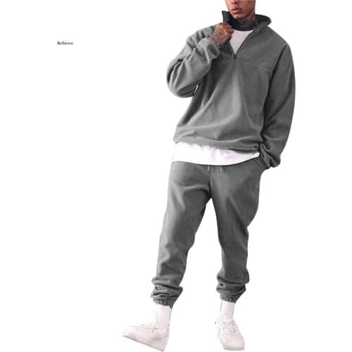 2Pc Mens Sport Sets Long-Sleeved Stand Collar Zipper Pullover Sweatshirt Tops+Pants Solid Color Tracksuit Casual Home Suit