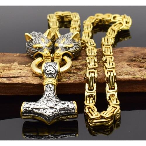 Mens Stainless Steel Wolf Head Necklace Celtic Wolf Rune Punk Viking Colorless Titanium Steel Pendant King Chain Amulet Jewelry