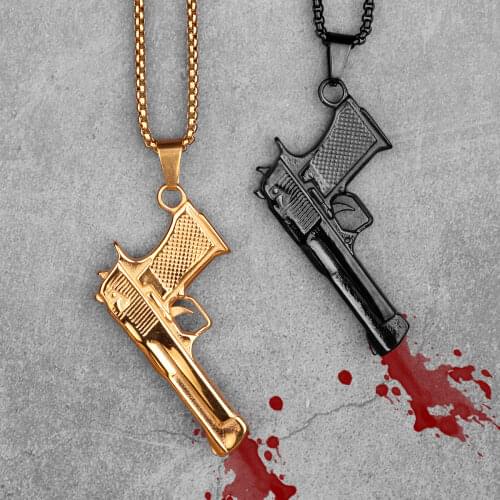 Pistol Desert Eagle Gun Mens Long Gold Necklaces Pendants Chain Hip Hop for Boy Male Stainless Steel Jewelry Gift Wholesale