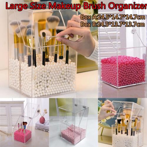 Makeup Brush Storage Container with Lid Transparent Cosmetic Brush Organizer with 500g Beads Dustproof Acrylic Makeup Box