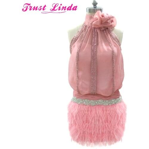 Chiffon Cocktail Beading Feather Appliques Halter Prom Gown Sleeveless Open Back Wedding Party Dresses Custom Made