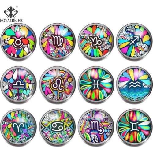 12pcs/lot 12 Constellations Pattern Glass Snap Button Colorful 18mm Snaps Buttons Fit Bracelet Beads Jewelry Accessories New