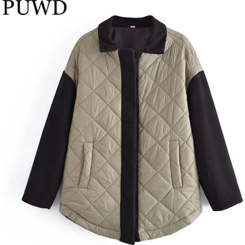 PUWD Women Quilted Parka 2021 Autumn Fashion Ladies Oversize Patchwork Woolen Sleeve Streetwear Coat Female Loose Outerwear