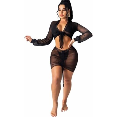 Two Piece Swimsuit Cover Up Women Lace Up Crop Tops Drawstring Mini Skirt Set Summer Fashion Sexy Mesh Beach Swim Wear Cover Ups