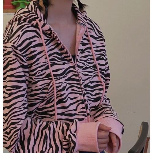 Women Crop Top Lady Clothing 2021 Oversized Casual Hoodie Korean Style Vintage Zebra Print Sweatshirt Puff Sleeve Zip Up Hoodie