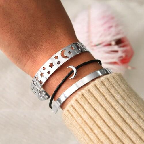 3 pcs/set Gold Silver Color Hollow Moon Star Bracelet Set Open Cuff Bangles For Women PU Cord Rope Chain Bracelets Hand Jewelry