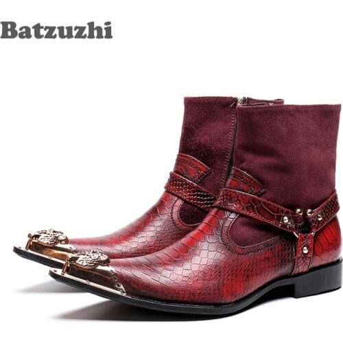 Batzuzhi Rock Party Boots Men Pointed Metal Tip Motorcycle Boots Men Botas Hombre Red Wedding Dress Boots for Men, Big US6-US12