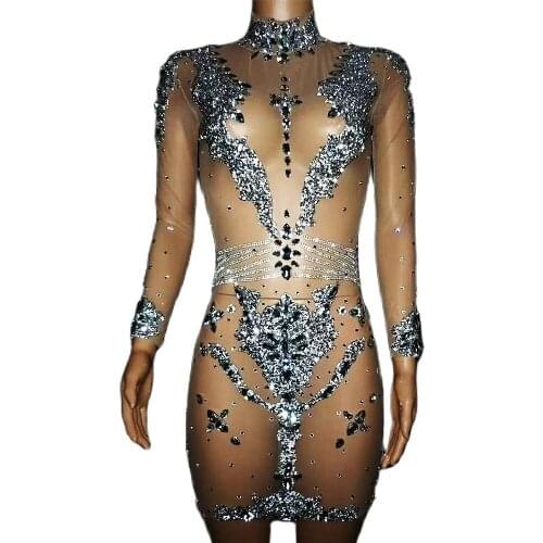 Shiny Costume For Women Perspective Mesh Gauze Sequins Rhinestones Theatrical Costume Stage Wear Lady Nightclub Outfit Dance