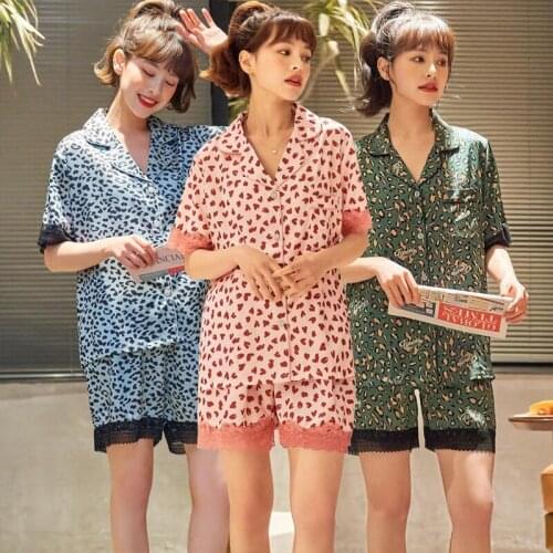 Short Sleeve Silk Satin Print Pajama Sets for Women 2021 Summer Shorts Sleepwear Suit Pyjamas Homewear Pijama Mujer Home Clothes