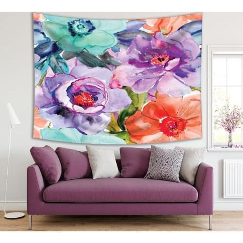 Tapestry Watercolor Painting with Magnolia Lily Orchid Flowers and Tropical Leaves Classic, Art Printed Blue Purple Red Green