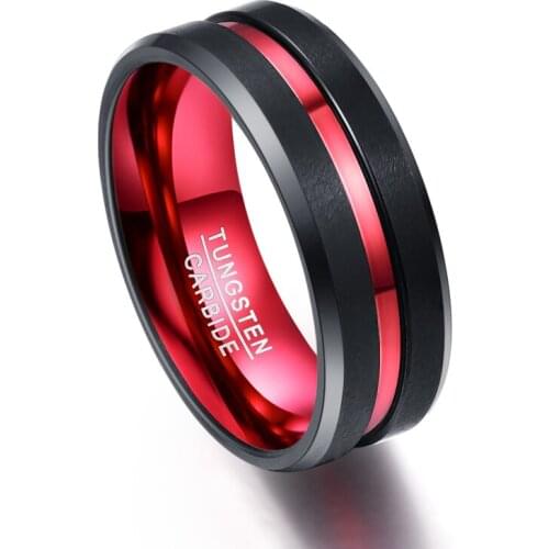 Tungsten Steel Ring Flat Single Groove Inner Red 8mm Width 100% Genuine Wedding Band Tungsten Carbide