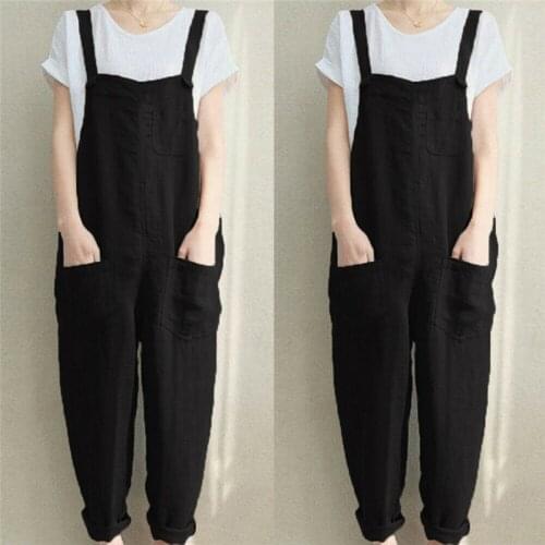 IMCUTE Large Size Loose Sling Jumpsuit Y2K Linen Cotton Womens Sleeveless Sling Wide Leg Pants Jumpsuit Pocket Casual Workwear