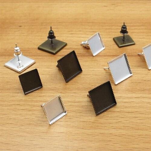 Copper 10mm 12mm inner Square Cabochons Silver Bronze Earrings Blank Bezel Tray Ring Base For DIY Making accessories 50pcs