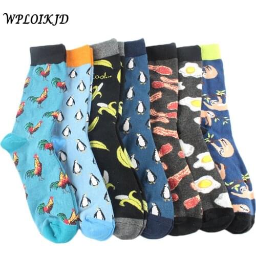 [WPLOIKJD]Mens Socks Combed Cotton Jacquard Cartoon Animal Egg Cactus Penguin Male Business Dress Crew Socks Wedding Gift Sox