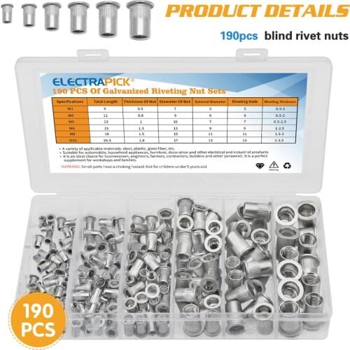 M3 M4 M5 M6 M8 M10 Flat Head Threaded Insert Nut Rivet Cap Set Threaded Nuts 90/93/165/190pcs Aluminum Alloy Rivet Nuts