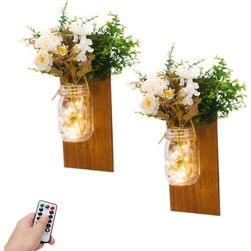 2 Pcs Mason Jar Sconces Wall Lamp Remote Control LED Copper Wire Light Fairy Art For Birthday Christmas Holiday Home Decoration
