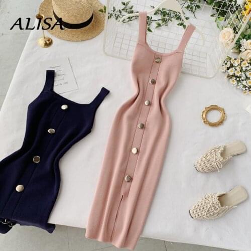 New Women Knitting Bodycon Dress 2021 Summer Elegant Square Collar Slim Button Sleeveless Mini Dresses Ladies Party Vestidos